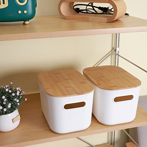 Citylife 2 Pcs Storage Bins With Bamboo Lids Plastic Storage Containers For Organizing Stackable Storage Box With Handle, 10.12 X 6.97 X 6.22 Inch #TOP6