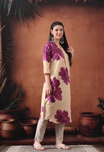 Image of Ichaa Women's Pure Cotton A-Line Ethnic V-Neck Kurta with 3 /4th Sleeve for Daily and Office Wear, in Plus Sizes