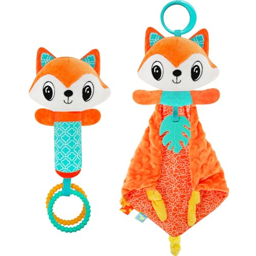 Image of Baby Lovey Fox Stuffed Animal for Baby Boys and Girls, Security Blanket and Hand Shaker Set Newborn Stuffed Hanging Animal Plush Snuggle Toy