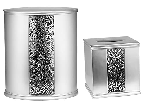 Zahari Home 2pc Sinatra Silver Modern Bath Accessories Set Waste Basket & Tissue Box Modern Classic Contemporary Decorative Beautiful Designs Bathroom Decor Set for Home Mosaic Glass