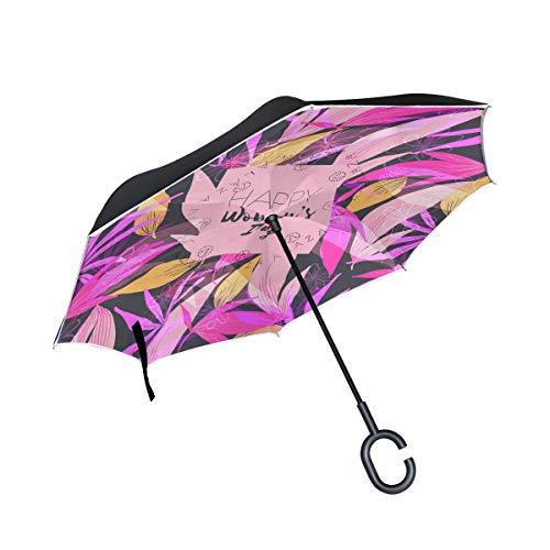 Preisvergleich Produktbild XiangHeFu Double Layer Inverted Reverse Umbrellas Blattmuster Happy Mothers Day Folding Winddichter UV-Schutz Big Straight für Autos mit C-förmigem Griff