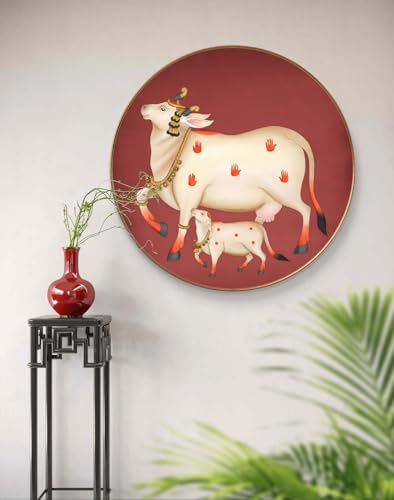 Image of SAF Large Round Pichwai Cow Wall Painting with golden frame Vinyl Sparkle laminated||Home decor Painting,Living Room, Bedroom,Office Room Decor - Painting for Wall Decoration GR-05