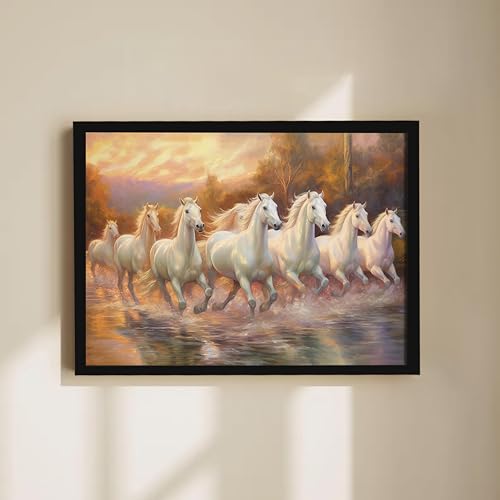 Image of PAINTINGMANTRA 7 White Running Horses Vastu Framed Wall Art | Symbol of Success, Harmony & Positive Energy | Premium Wall Decor for Living Room & Office, 14x18 Inch