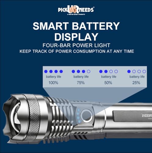 Image of Pick Ur Needs 150w High Power Rechargeable LED Flashlight Torch Zoomable Focus 5 Lighting Modes Type-C Fast Charging Long-Range Torch for Outdoor, Camping & Emergency (Silver)