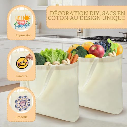 HOCUCHELAND 2 Pièces Sac en Tissu, 60×40×12cm Grand Tote Bag avec Poignées Epaisses, Réutilisables Sac en Toile, Multi - Usages Grand Sacs pour Courses, Voyage, Vie Quotidienne – vue 7