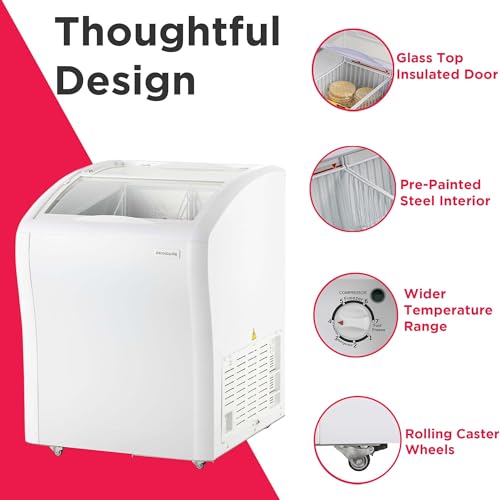 Image of Frigidaire Commercial Chest Freezer for Ice Cream and Frozen Foods, Store Displayer, Glass Top Storage Case, 4 Cu. Ft. Bin, Rolling Caster Wheels, Adjustable Temperature, Energy Efficient Cooling