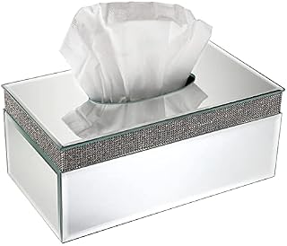 BTSKY Mirrored Glass Rectangular Tissue Box With Crystal Crushed Diamond - Glass Tissue Holder Cover For Home Decoration, Table Napkin Holder Tabletop Tissue Paper Box, Silver