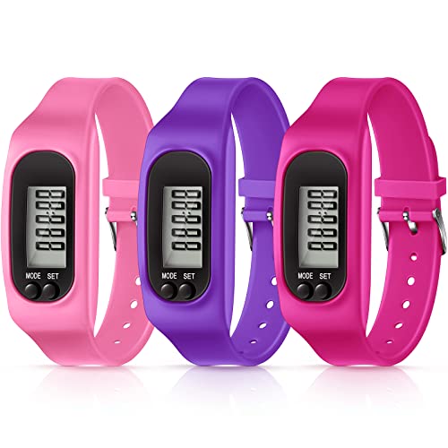 Silicone Fitness Tracker Watch 3 Pcs Walking Running Pedometer Calorie Burning and Step Counting Bracelet Steps Pedometer Watch for Walking Men Women Kids (Pink, Purple, Rose)