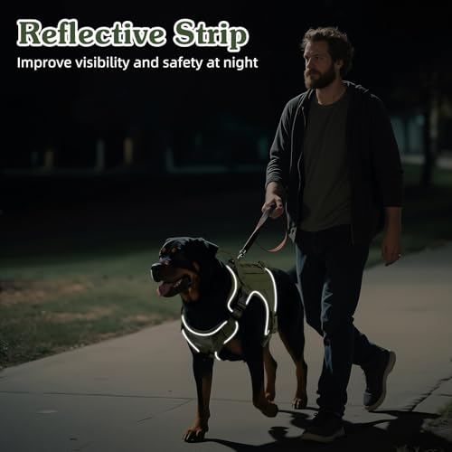VavoPaw Taktisch Hundegeschirr, Einfach Kontrolle & Anti Zug Hundegeschirr mit Molle Panel und Reflektierend Streifen, Taktisch Weste für Hunde Training, Wandern, Jagd, Outdoor, Armeegrün, L