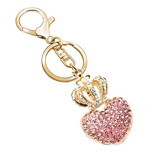 JJIA Keychains for Women, Best Friend Girlfriend Gifts Love Heart and Crown Crystal Rhinestone Keychain Key Chain Purse Pendant Handbag Bag Decoration, Pink,
