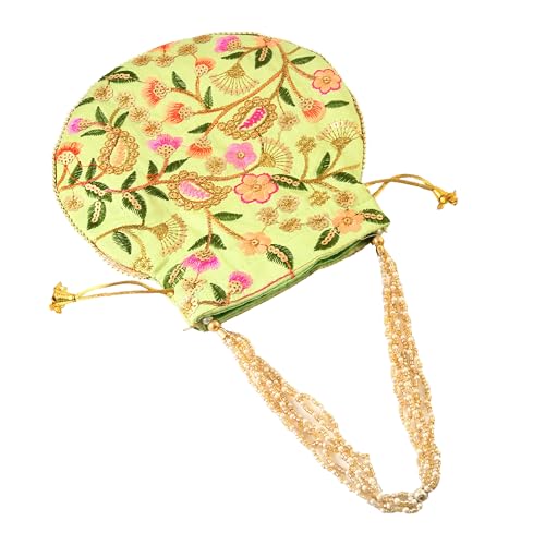 Image of Handcrafted Potli Purse with Golden Floral Embroidery and Pearl Accents
