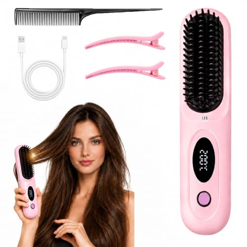 Go Brush Pro for Short Hair 2026 Upgraded Cordless Straightening for Home Travel Hair Straightener Brush for Women Portable Electric Hot Comb with 1-Min Fast Heat 4000mAh Type-C Rechargeable