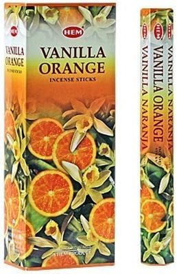 HEM Vanilla Orange Incense Sticks - Pack of 6 (120 Sticks) with JRose Wooden Incense Holder - Sweet and Citrusy Aromatherapy Fragrance