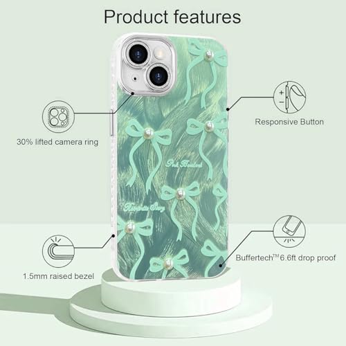 Image of VONZEE Compatible with iPhone 15 Plus 6.7'' Case Luxury Pink Girly Cute 3D Bow Pearl Glitter Bling Case with Full Camera Protection Shockproof PC+TPU Glossy Shiny Cover for Girls Women, Green