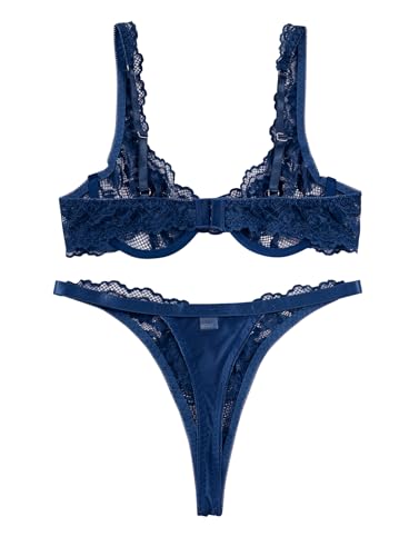 Image of Lilosy Sexy Floral Lace Scallop Underwire Push Up Sheer Lingerie Set Outfits