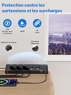 Multiprise Française avec USB PD 30W, Prise de Table avec 5 Prises Secteur et 5 USB, 4000W avec Individuel Interrupteur, Parafoudre et Surtension, Mult Prise pour la Maison et Le Bureau (3M, Noir)