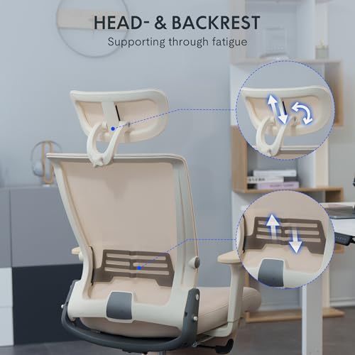 FLEXISPOT Foldex Składane krzesło biurowe, ergonomiczne krzesło z podparciem lędźwiowym, podłokietniki z regulacją wysokości, zagłówkiem 2D, krzesła biurowe z podnóżkiem, beżowe