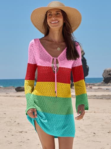 ANRABESS Swimsuit Cover Up for Women Crochet Bathing Suit 2026 Summer Swimwear V Neck Mesh Knit Dress Beach Vacation Clothes