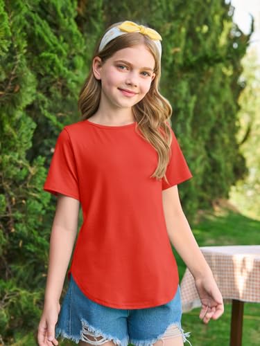 Image of Haloumoning Girls Summer Short Sleeve Shirt Kids Crewneck Curve Hem Soft Tunic Tops T-Shirts 5-14 Years