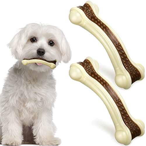 Sosation Bones Shaped Dog Toys for Aggressive Chewers, 2 Pack Christmas Dog Chew Toys Puppy Teething Nylon Beef Flavor for Large/Medium/Small Puppies Breeds(Curved Bone,Small)
