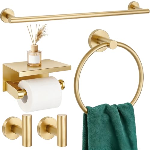 5 Pieces Bathroom Hardware Accessories Set Brushed Gold 24Inch Bathroom Towel Rack Set SUS304 Stainless Steel Round Toilet Paper Holder with Shelf Heavy Duty Wall Mounted