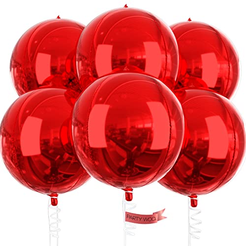 PartyWoo Ballons Rouges, Paquet de 6 Ballons Rouges en Aluminium, 22 Pouces Énormes Ballons en Aluminium 4D Ronds et Ruban, Grands Ballons, Ballons en Aluminium pour Décorations d'Anniversaire Cover