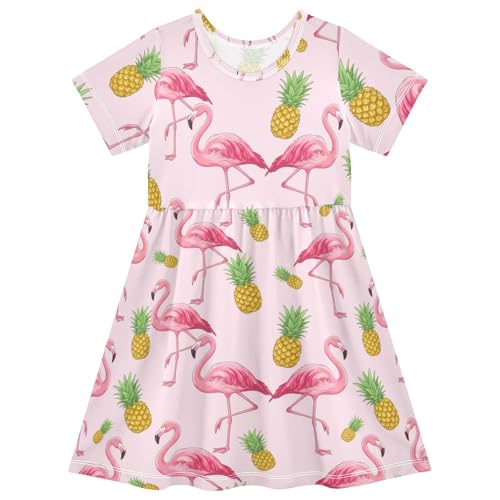 Reiacy Vestido de verano de manga corta para niñas de 2 a 8 años, con diseño de flamenco, piña, Piña flamenco, 3 años