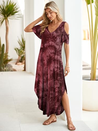 Image of BELAROI Womens Cold Shoulder Maxi Dress Plus Size V Neck Summer Sundresses with Pockets Beach Coverup Vacation Outfits