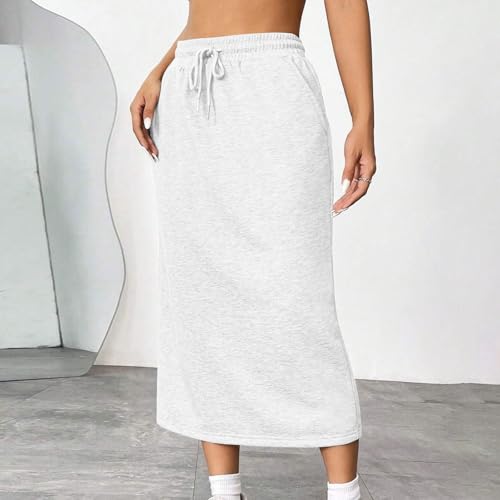 Womens Skirts Fashion Elastic Waist Long Maxi Skirt with Slit Casual A Line Solid Lightweight Dress with Pocket2