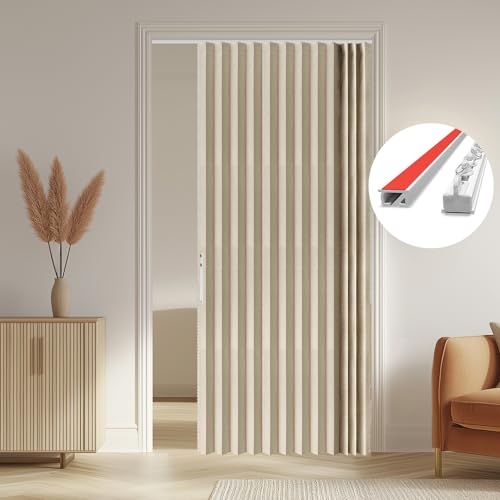 Image of AJAZZ 100% Blackout Accordion Doors Interior Invisible Folding Door Magnetic Door Curtain for Bedroom Living Room Doorway Curtain Sets Included Tracks (1Panel, 53W x 79 L, Cream Yellow)