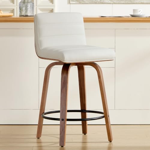 Image of Swivel Bar Stools Set of 2,26 inch Faux Leather Counter Height Barstools with Back,Mid Century Modern Upholstered Bar Chairs with Bentwood Legs Island Stools for Kitchen Counter White