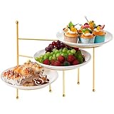 Domensi 3 Tiered Serving Tray with 3 White Melamine Plates, 10' x 10' Tier Serving Stand Reusable 3 Tiered Tray Stand with Gold Metal Stand for Veggie, Fruit, Cookies, Dessert