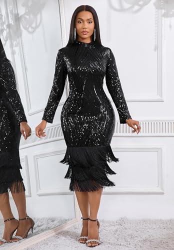 Image of Cololura Sexy Elegant Women Sequin Long Sleeve Tassel Bodycon Midi Dress Party Evening Gown Formal Dress