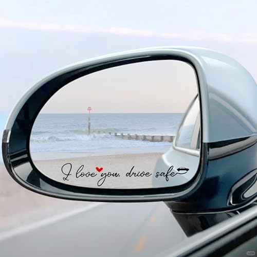 Image of 4pcs I Love You Drive Safe Mirror Sticker Waterproof Vinyl Car Stickers | Rear View Mirror Decal for Women Removable Funny Car Decals for Women Men Couples, Parents, New Drivers