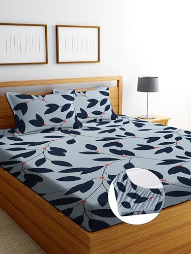 Image of DECORUM Glace Cotton Fitted 1 Bedsheet King Size (72 inchx78 inch) | All Around Elastic | Cotton Feel | 2 Pillow Covers (17 inchx27 inch) | Fits Up to 8 inch Mattress | 200-220 TC | Printed Double Bed Sheet Set