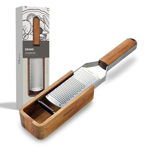 Kuppels GRANO feine Edelstahl Parmesanreibe mit Behälter, Küchenreibe mit Akazienholzgriff & Auffangbehälter, Zester Reibe für Käse, Schokolade & Zitronenschale, Stilvolle Käsereibe