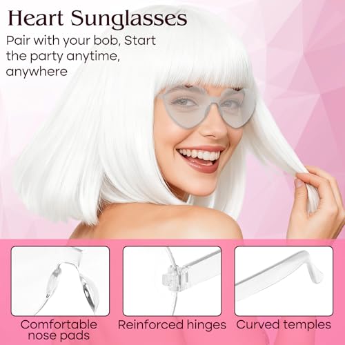 Image of PLULON White Bob Wig with Bangs, Short Straight Bob Wig with Heart Sunglasses 12 Inch Shoulder Length Heat Resistant Synthetic Hair for Women Natural Look Daily Use Cosplay Halloween Costume Party