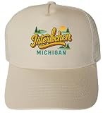 R and R Imports Interlochen Michigan Typographic Design Cream Unisex Mesh Back Trucker Hat with Adjustable Snapback