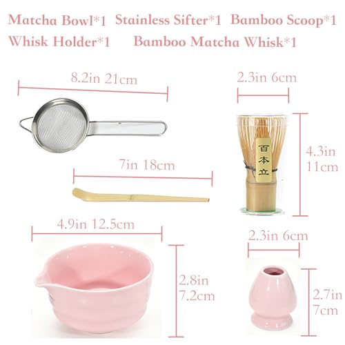 5Pcs Japanese Matcha Tea Set - Ceramic Bowl with Spout & Holder, Bamboo Whisk (Chasen), Scoop, Sifter - Complete Traditional Tea Ceremony Kit for Beginners, Gift for Tea Lovers(Pink) — view 6