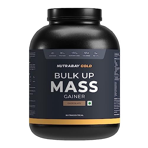 Image of Nutrabay Gold Bulk Up Mass Gainer Powder - 3kg, Chocolate | 30g Protein, 104g Carbs, 554 Calories | Easy to Digest | 100% Veg Muscle Building & Weight Gainer Supplement for Men & Women