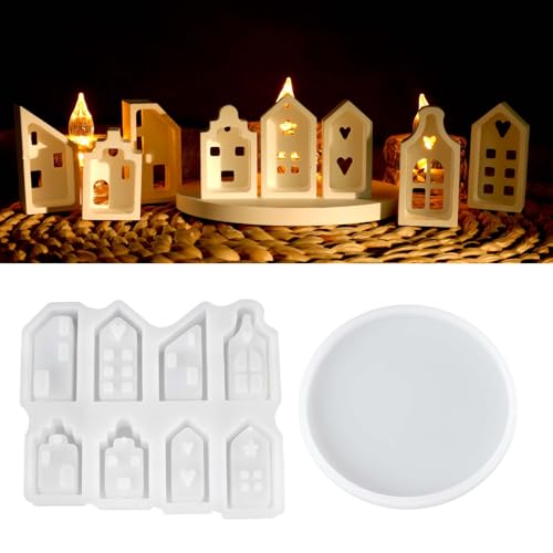 EPODA 8er Silikonform Haus mit Sockel, Gießformen 3D Kerzenhalter Weihnachten Gips Gießen Giessformen Silikon DIY Zement Beton