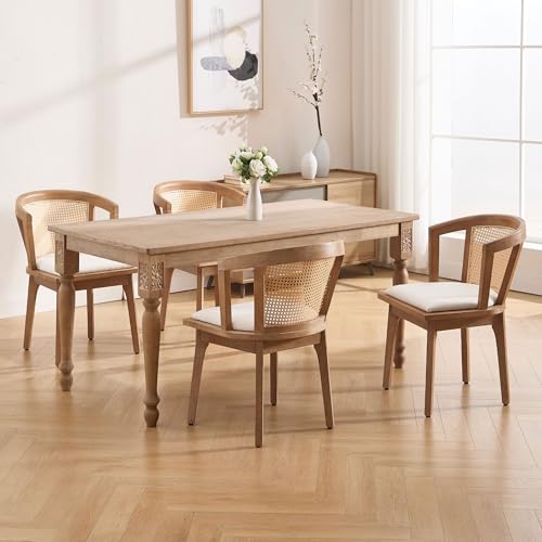 Image of BESTANO Rattan Dining Chairs Set of 6, Mid Century Modern Farmhouse Wood Dining Room Chairs, Upholstered Comfortable Kitchen Dining Side Chair with Cane Woven Back, Beige Linen