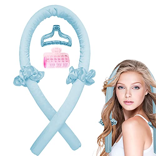 Heatless Hair Curlers, No Heat Silk Curling Rod Headband With Hair Rollers and Clips You Can Sleep In Overnight, Soft Heatless Hair Curling Wrap Curls Ribbon for Long Hair (Blue)