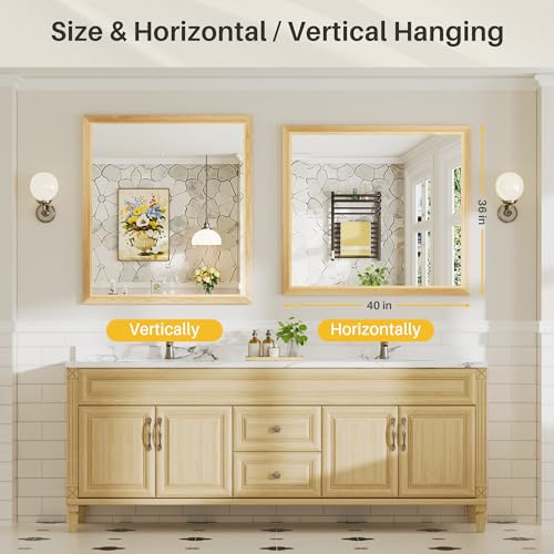 Image of 40x36 Inch Bathroom Mirror for Wall, Anti-Rust Oak Wood Grain Metal Framed Bathroom Mirrors for Over Sink,Rectangler Mirrors for Bathroom Vanity, Farmhouse, Bedroom, Living Room, Entryway Decor