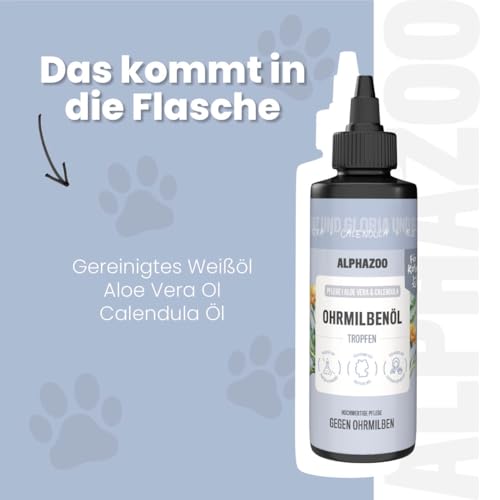 alphazoo Ohrmilbenöl für Katzen 100 ml – sanfte, alkoholfreie Ohrenpflege mit Aloe Vera & Calendula | pflegt empfindliche Ohren, leicht anzuwenden & gut verträglich | unattraktiv für Milben