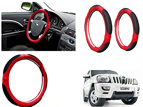 Image of Microfiber Car Steering Wheel Cover, Soft Padding Great Hand Feel, Anti-Slip, Faux Leather Steering Cover for Mahindra Scorpio | Black Red Jali - Pack of 1