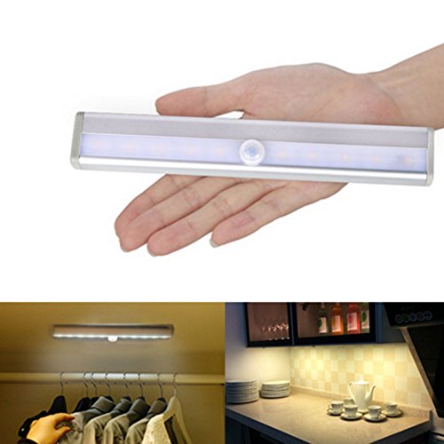 Preisvergleich Produktbild Bewegungsmelder-Wandschrank-Licht, batteriebetriebener batteriebetriebener 10 LEDS LED Stab-Sensor-Nachtlicht für Schrank-Kabinett-Garderobe Treppen-Waschraum-Warmes Weiß