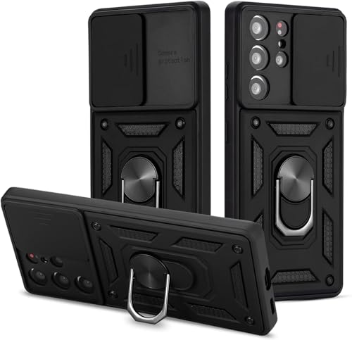 Movilear Funda Carcasa Armor para Samsung Galaxy S21 Ultra 5G, Antigolpes Cubierta de Camara Deslizante para Proteger con Soporte Giratorio de Anillo Color Negro Armadura Antigolpes FANA