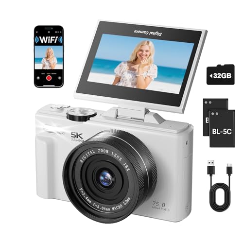 WGM 5K�f�W�^���J�����A7500MP HD�ʐ^�J�����A180°�t���b�v�X�N���[���A�t���b�V���t��HD WiFi�R���p�N�g�J�����A18�{�f�W�^���Y�[���A32GB TF�J�[�h&�o�b�e���[2�A�e�B�[���A�w���A�r�f�I�u���O�A���s�p(�z���C�g)