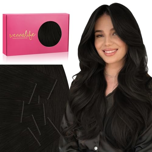 Image of WENNALIFE Invisi Edge Tape in Hair Extensions Human Hair,#1B,16 Inch | 16 Inch 50g 20pcs Natural Black Invisi Remy Hair tensions Natural Seamless Injected Tape Ins Straight